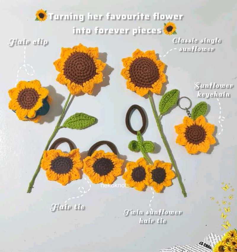 Handmade Crochet Sunflower Hair Clips &amp; Ties