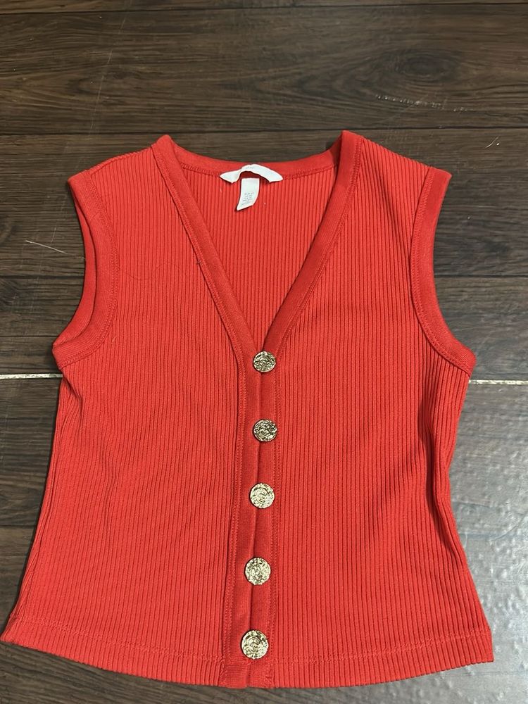 Red Ribbed Button-Up Sleeveless Top