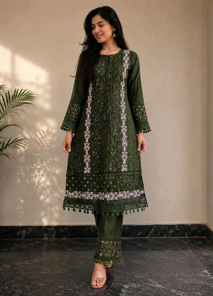 Elegant Olive Green Embroidered Kurta Set
