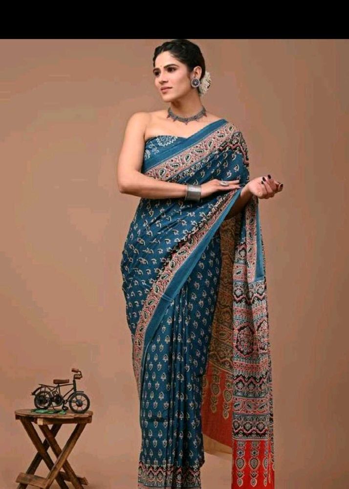 Beautiful Blue Block Print Saree - Pure Cotton