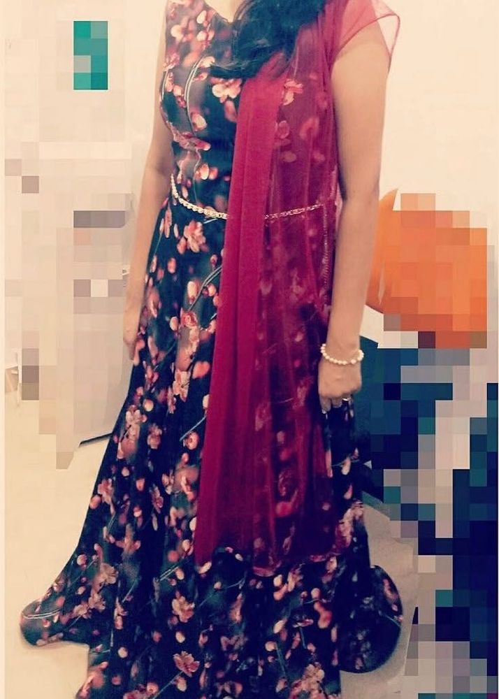 Floral Print Ethnic Gown with Dupatta