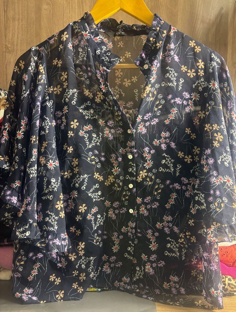 Sheer Floral Print Button-Up Blouse