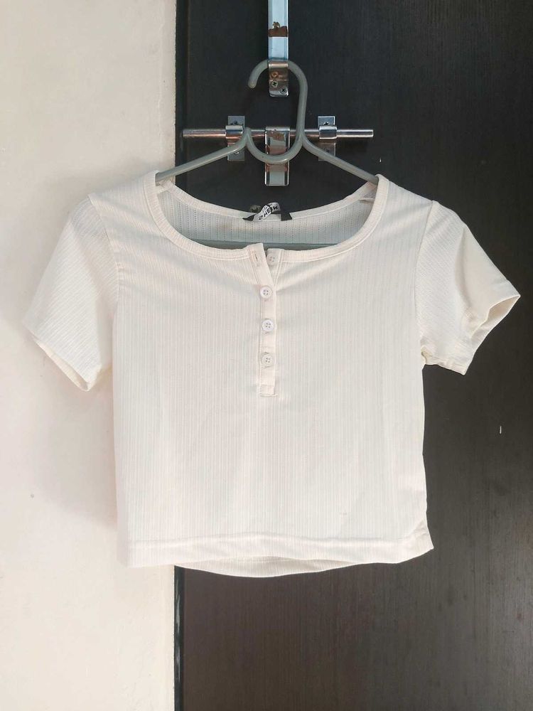 Ribbed Cream Hanley Button-Up Crop Top