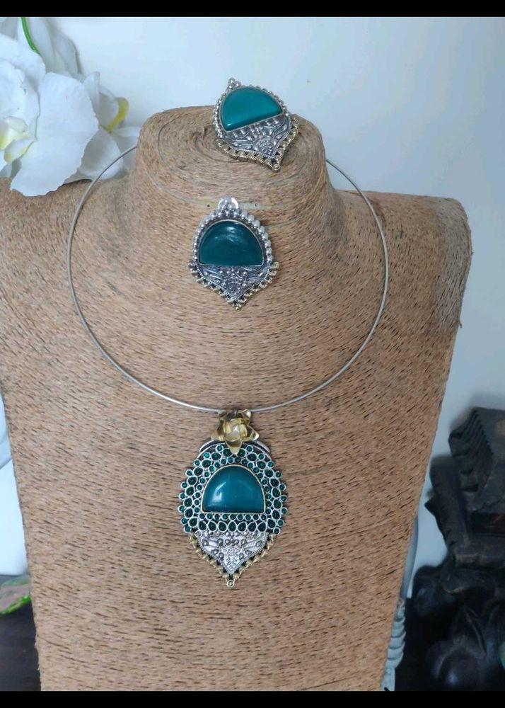 Brass Teal &amp; Silver Necklace &amp; earring Set