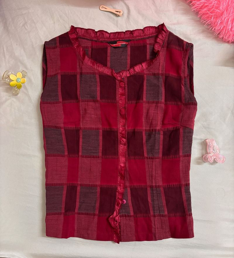 Maroon red checkered button up top