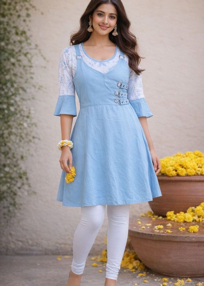 Blue Denim Look Kurta with White Top