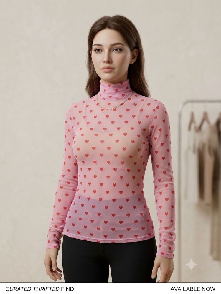 Pink Heart Print Mesh Turtleneck Top
