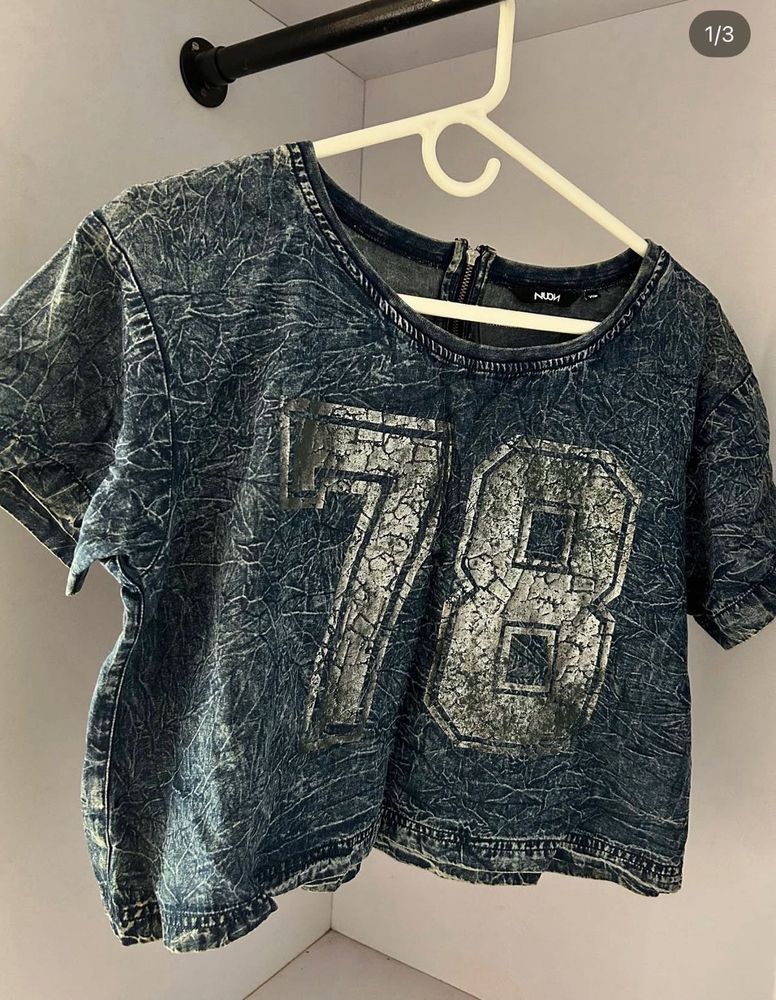 nuon Distressed Denim Crop Top "78"