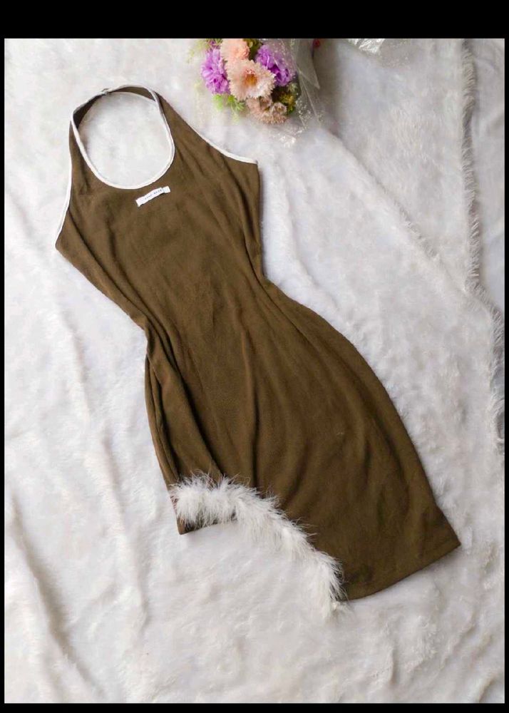 Unique Olive Green Dress with Feather Hem