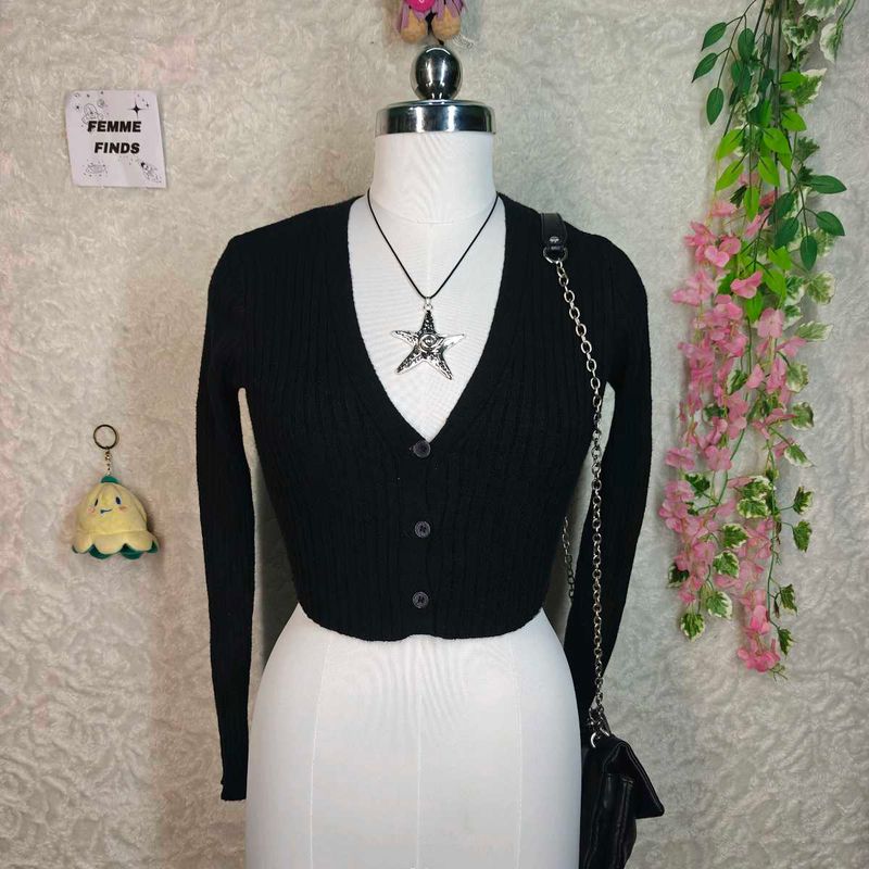 Black Cropped Knit Cardigan