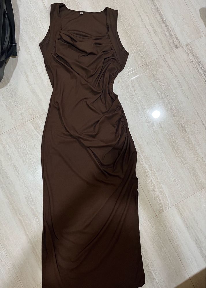 Chic Brown Ruched Maxi Dress
