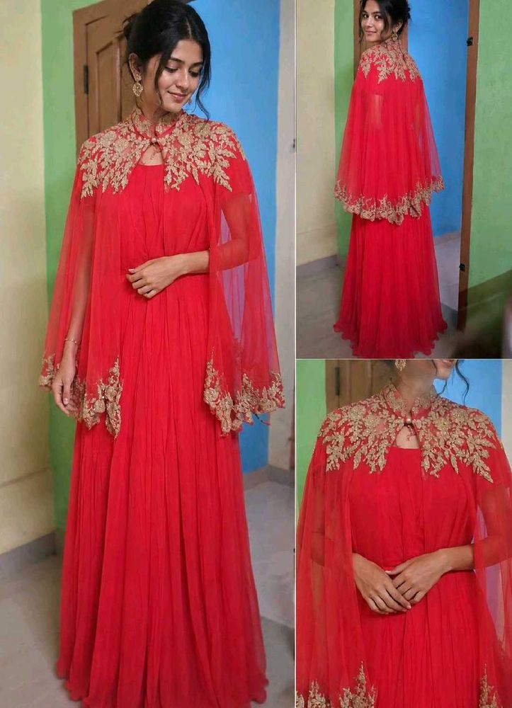 Stunning Red Embroidered Gown with Cape