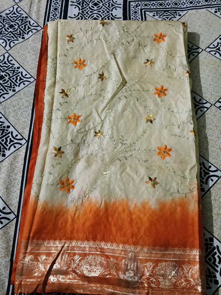 Elegant Cream Saree with Orange Ombre