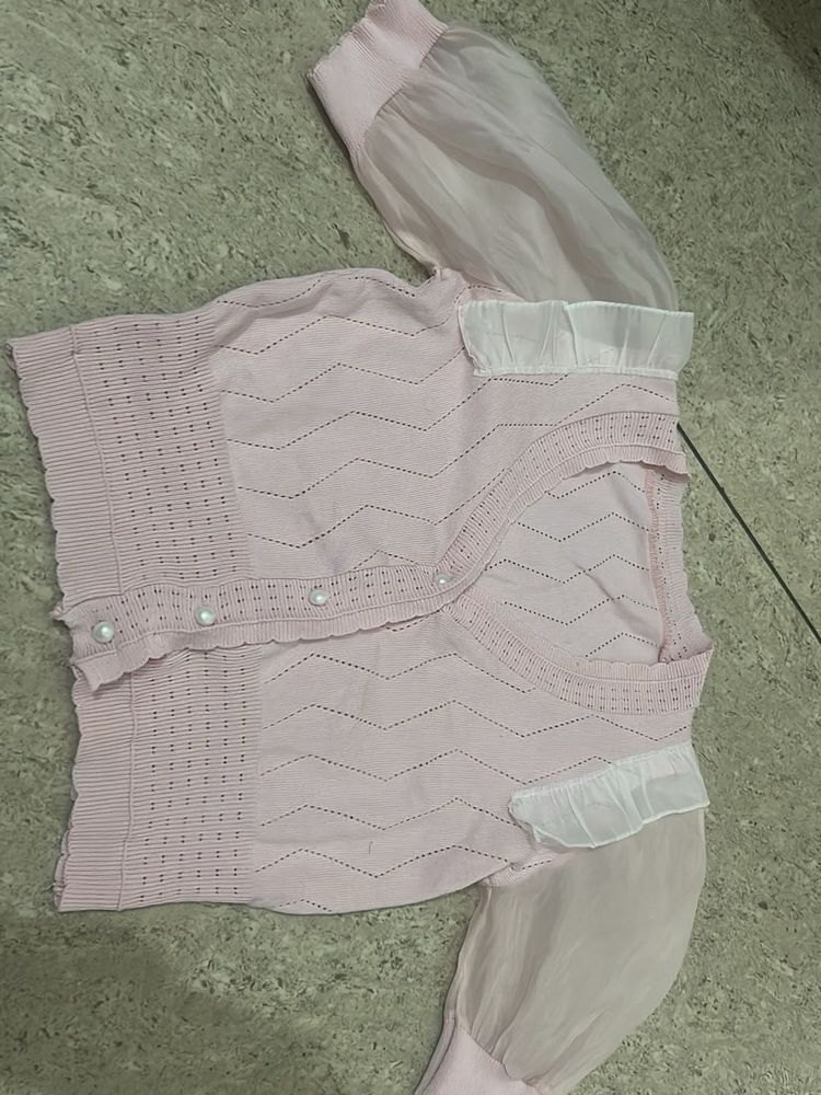 Pink Sheer Sleeve Cardigan Set