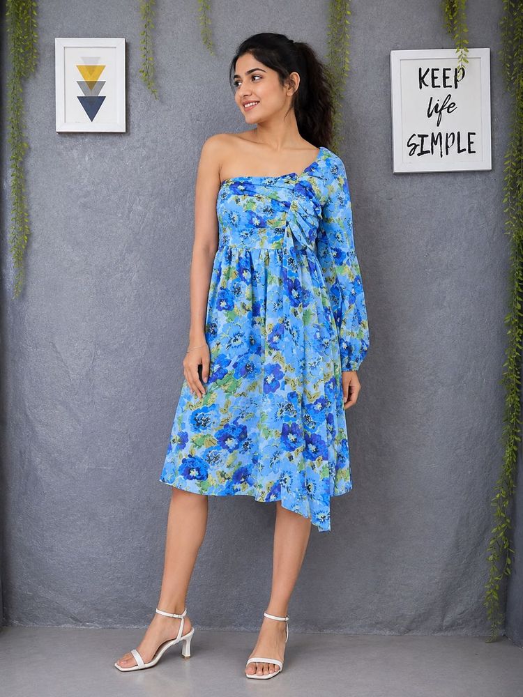 Blue Floral One-Shoulder Midi Dress