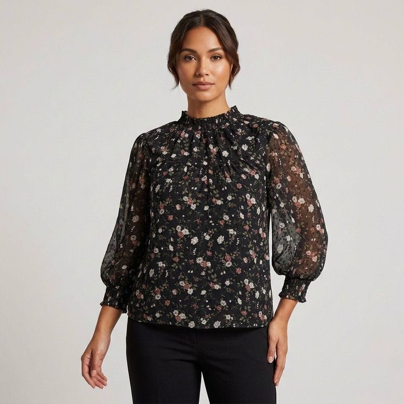 Elegant Floral Mock Neck Blouse