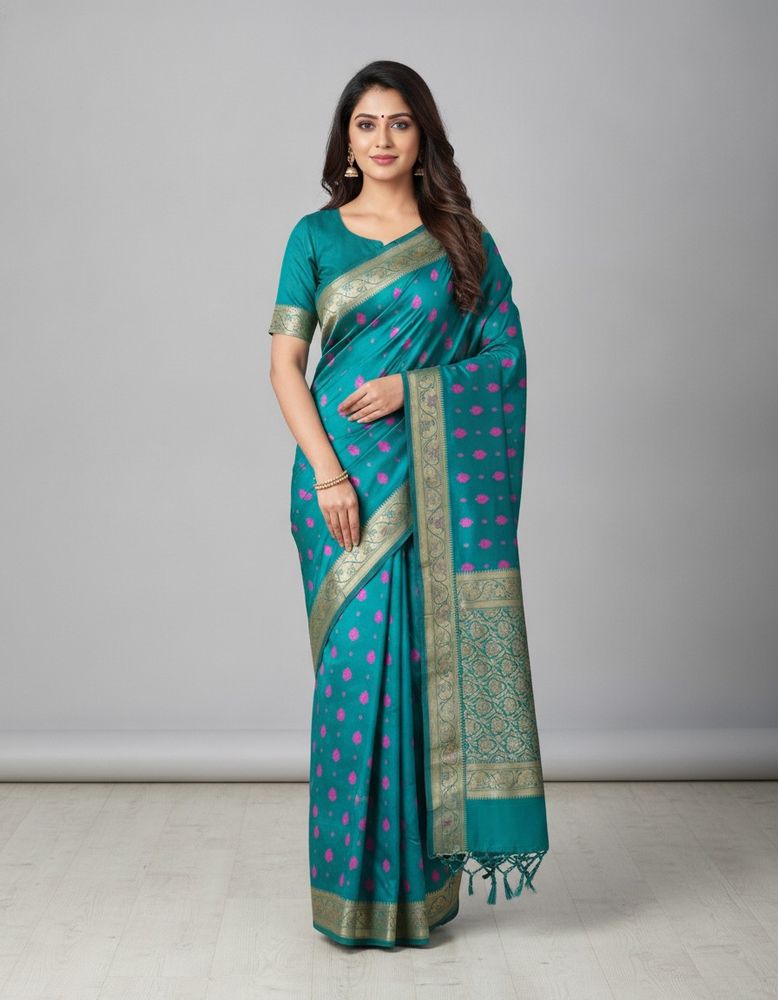 Elegant Teal Silk Saree with Pink Motifs