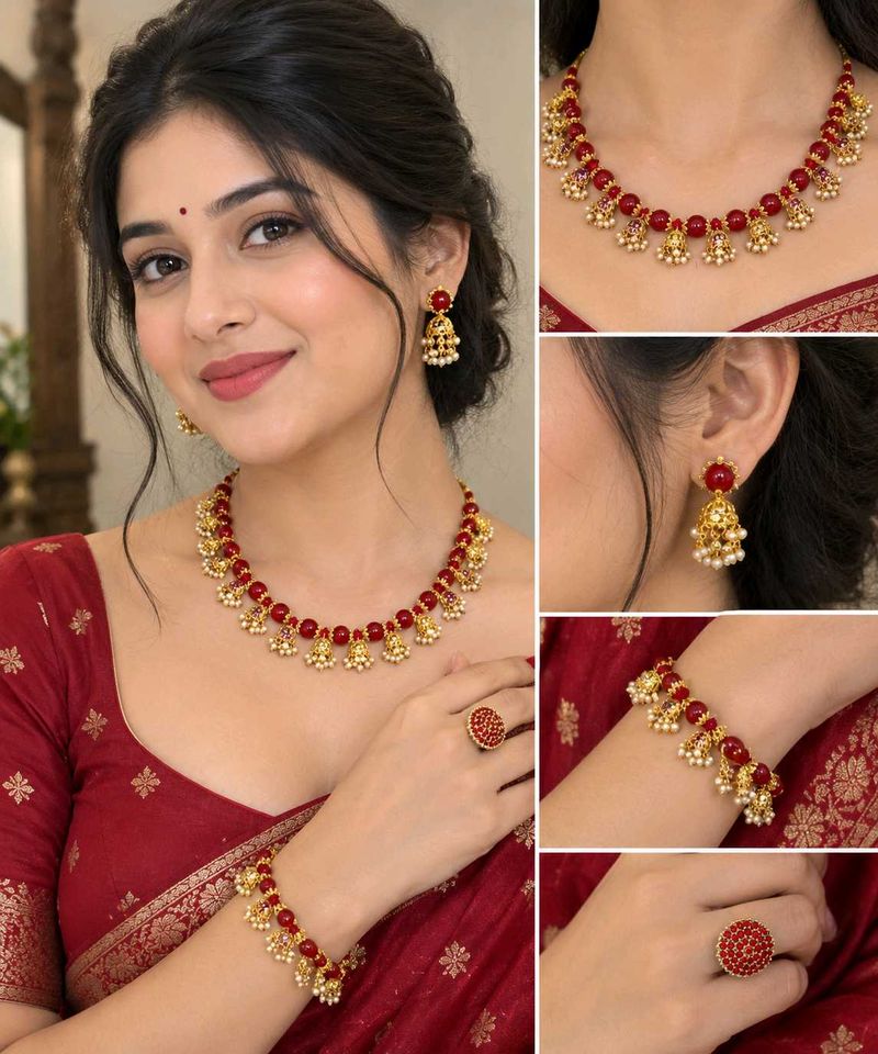 Red Beaded Jewellery Set with Ring