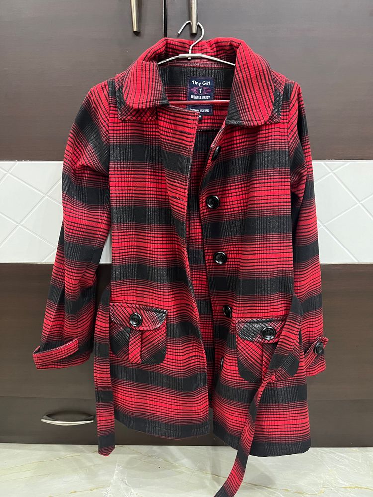 Beautiful Red And Black Overcoat With Belt
