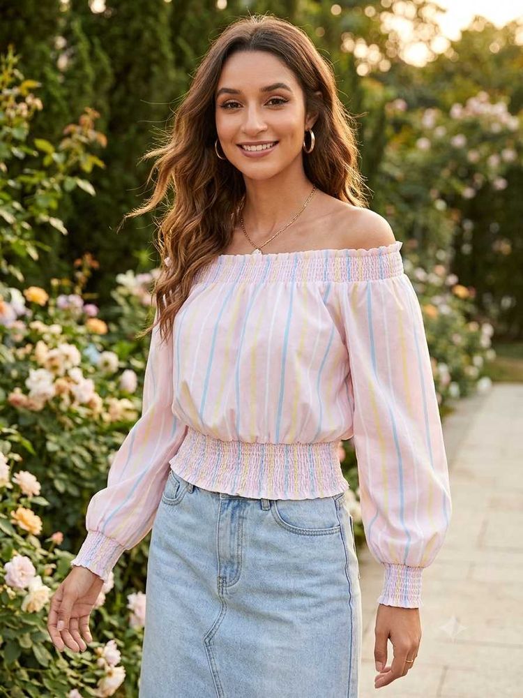 Smocked Off-Shoulder Striped Top