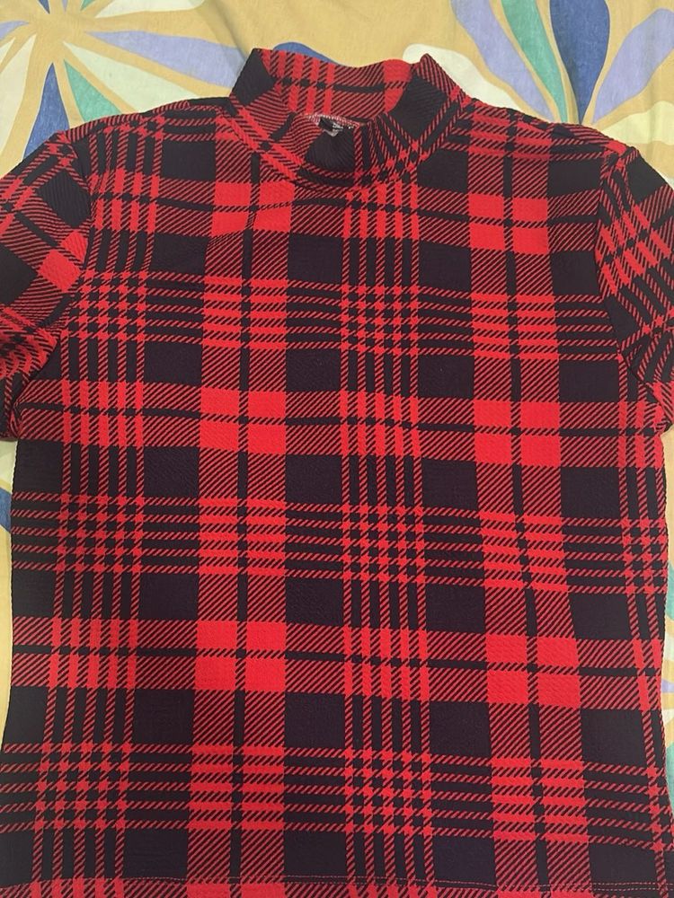 Red Plaid Mock Neck Top