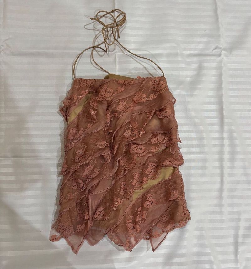 Pink Ruffled Lace Halter Top