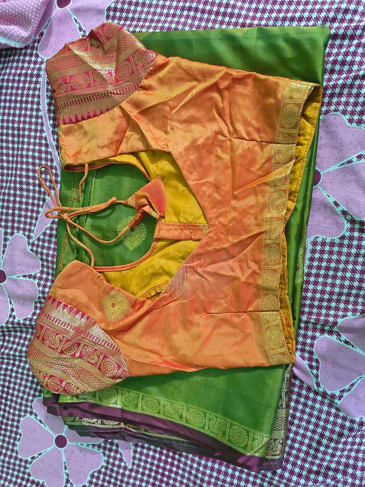 Green Saree with Orange Blouse