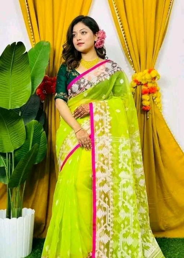 Vibrant Lime Green Muslin jamdani saree with blous