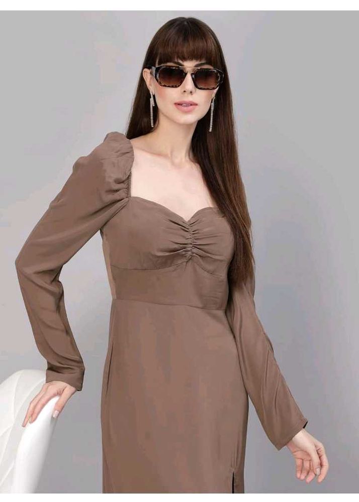 Chic Brown Ruched Long Sleeve Dress