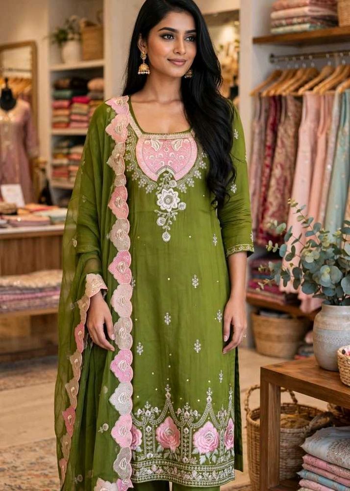 Elegant Green Kurta Set with Pink Embroidery