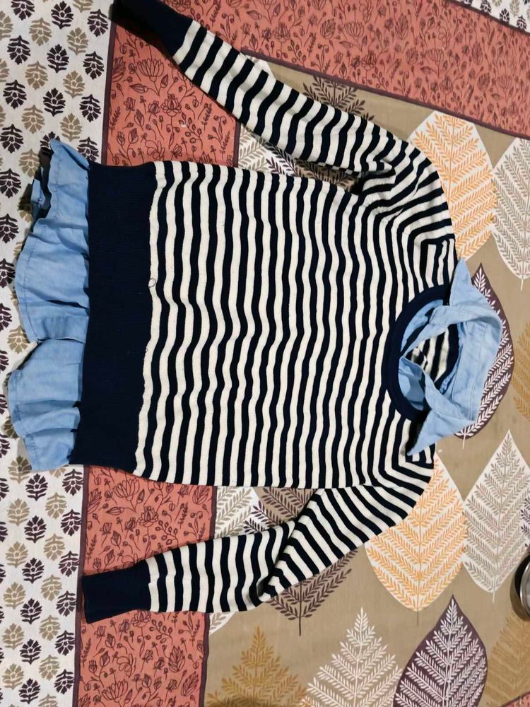 Striped Knit Sweater with Chambray Detail