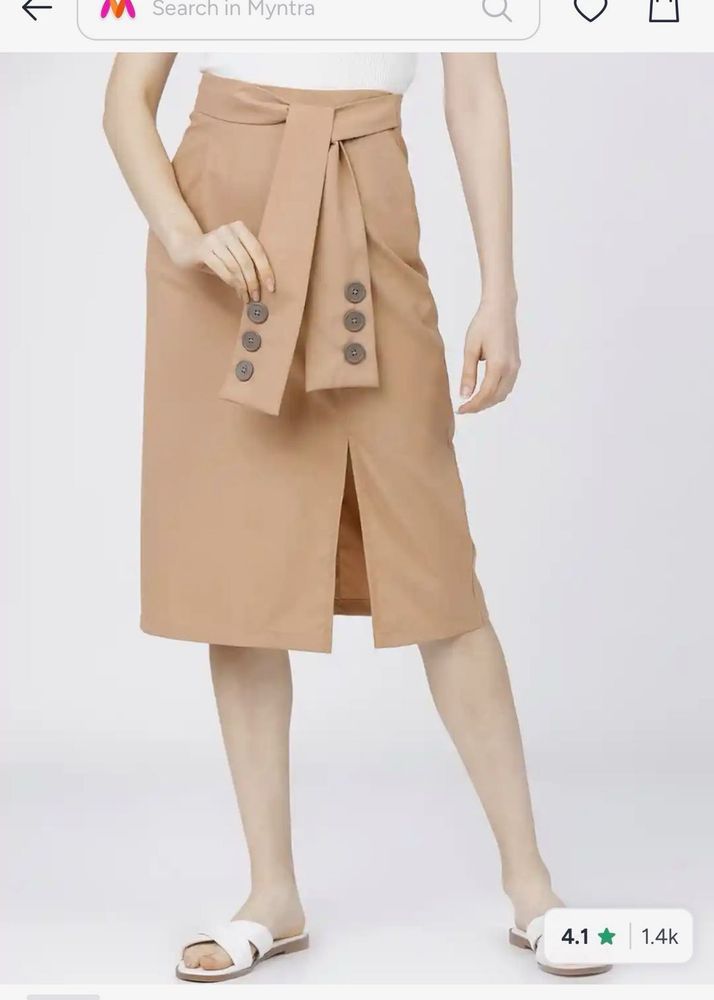 Stylish Beige Midi Skirt with Tie-Up Detail