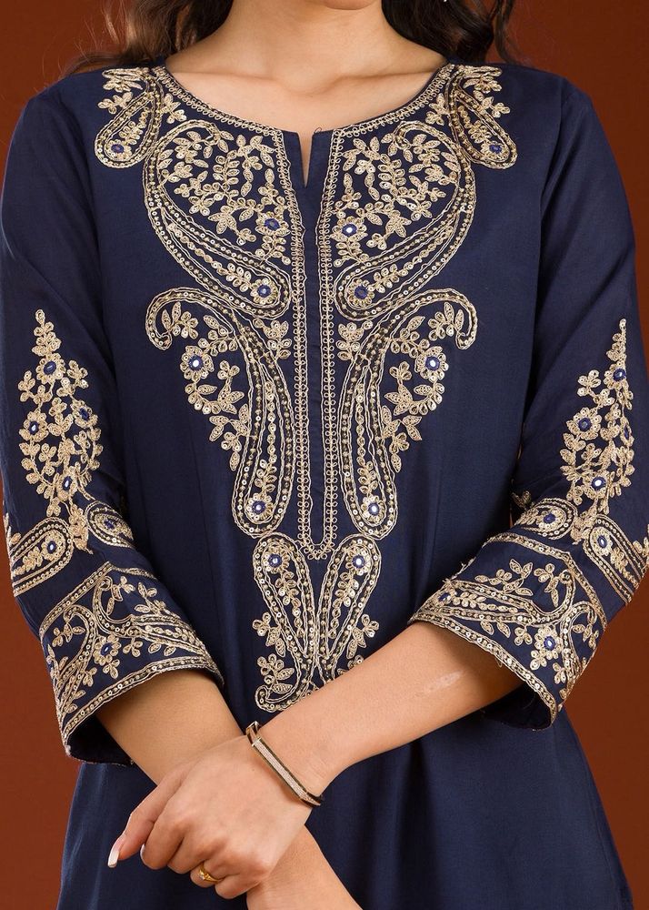 Embroidered Navy Blue Kurta
