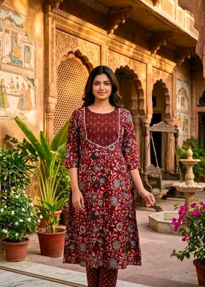 Maroon Floral Print Kurta Set