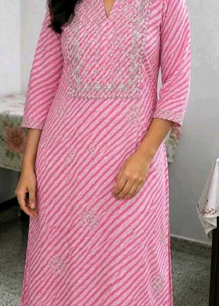 Pink Striped Kurta with Embellished Neckline