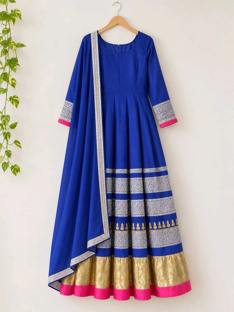 Royal Blue Lehenga Choli with Silver &amp; Gold Border