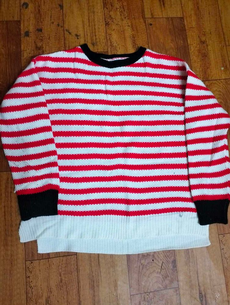 Red &amp; White Striped Knit Sweater