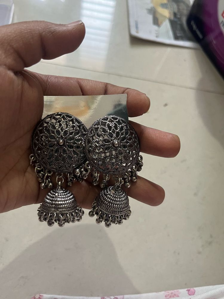Oxidized Silver Jhumka Earrings