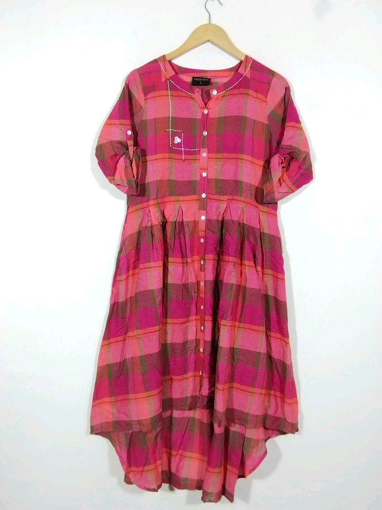 Terquois Multicolour Checks Printed Collar Neck Umbrella Kurti (Women)