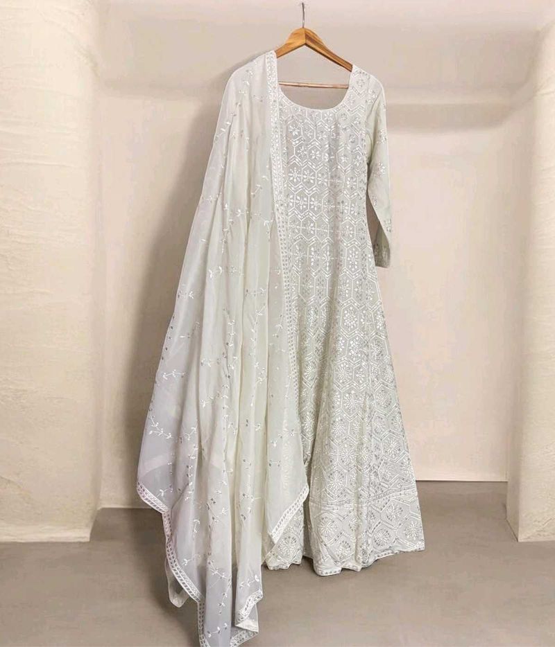 White Anarkali Gown with Dupatta