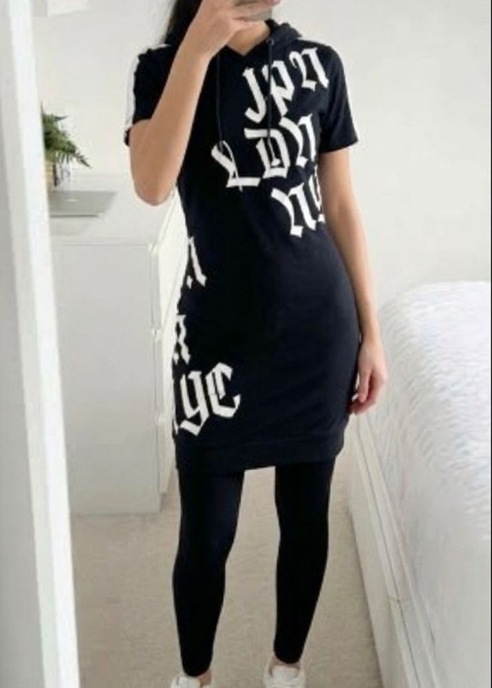 Black Graphic Print Hooded Dress