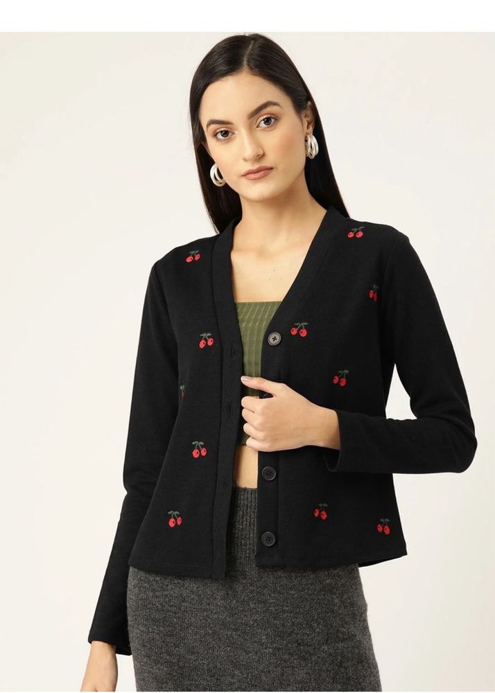Cute Cherry Embroidered Black Cardigan