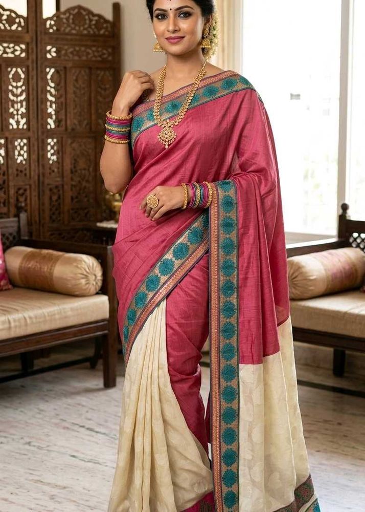 Elegant Pink &amp; Cream Silk Saree