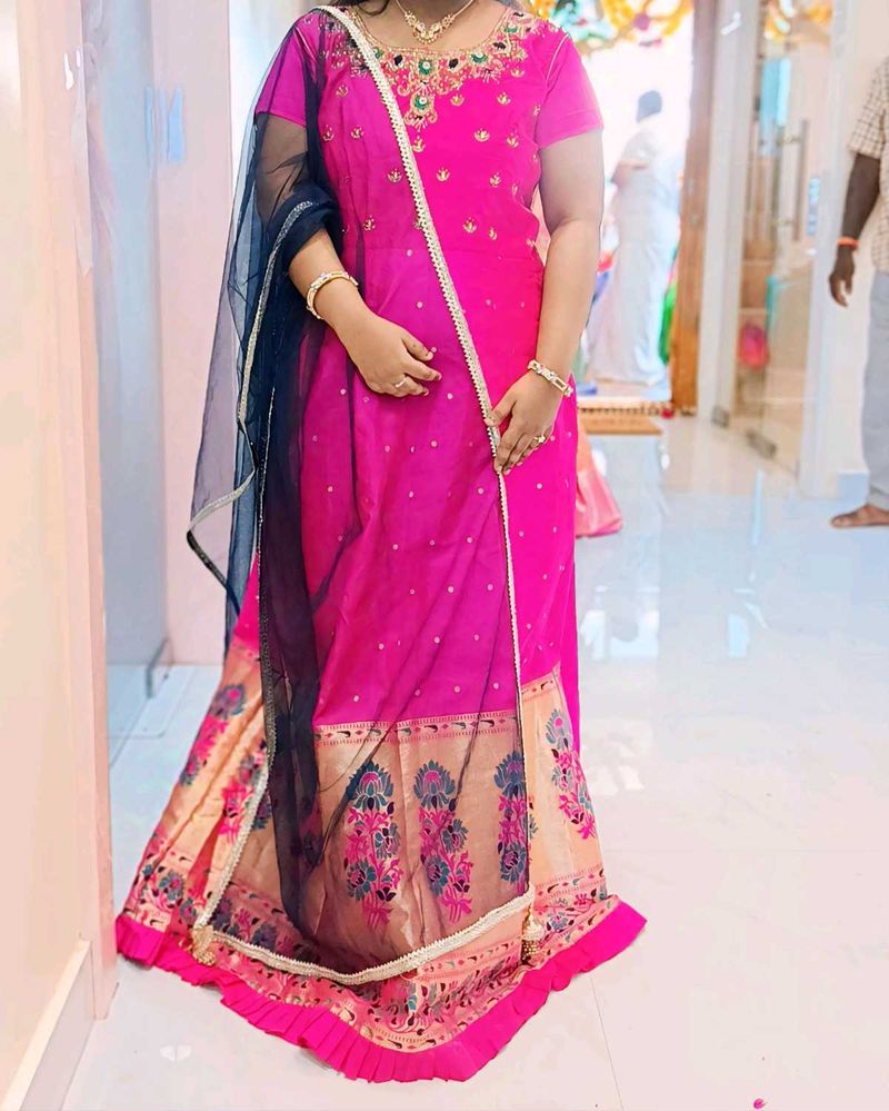 Vibrant Pink Long Gown With Duppata