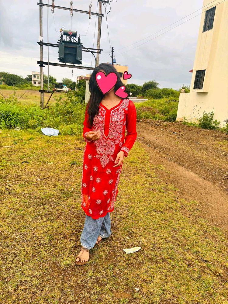 Red chikankari mirror work kurta❤️