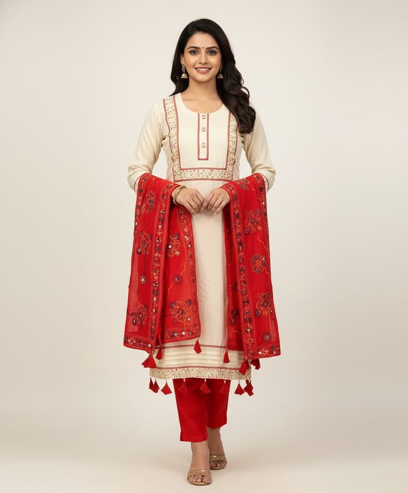 Cream Kurta with Red Pants &amp; Dupatta