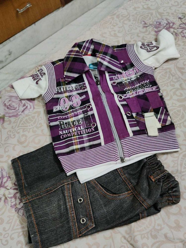 Stylish Purple Checkered Shirt and Jeans Set