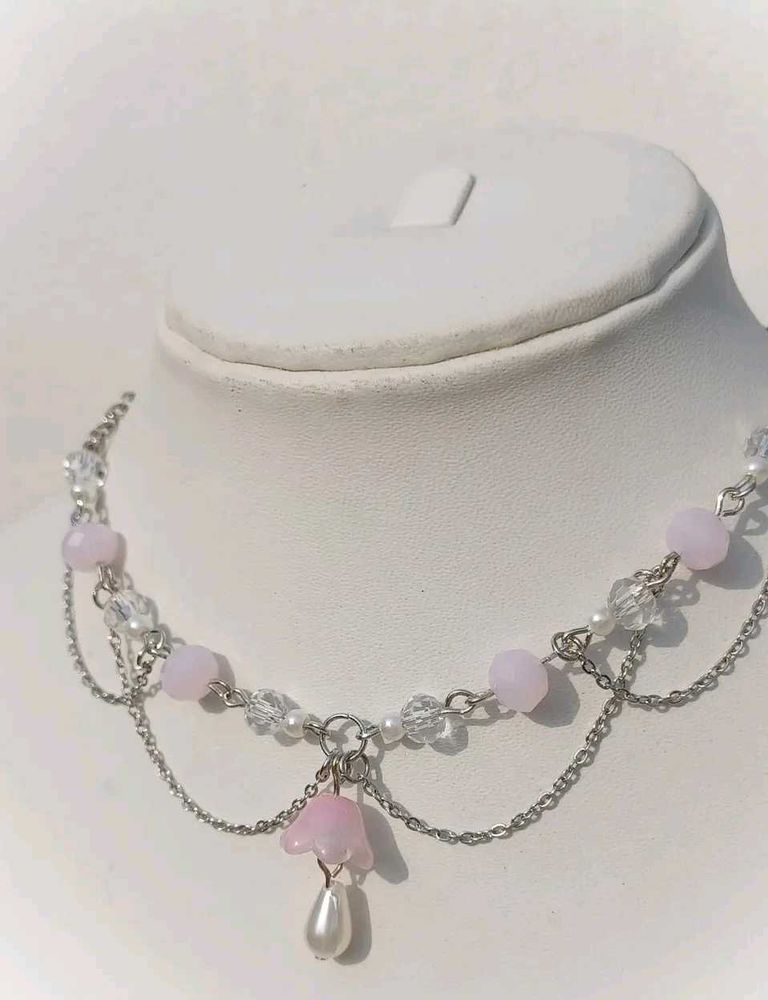 Pink Flower Beaded Choker