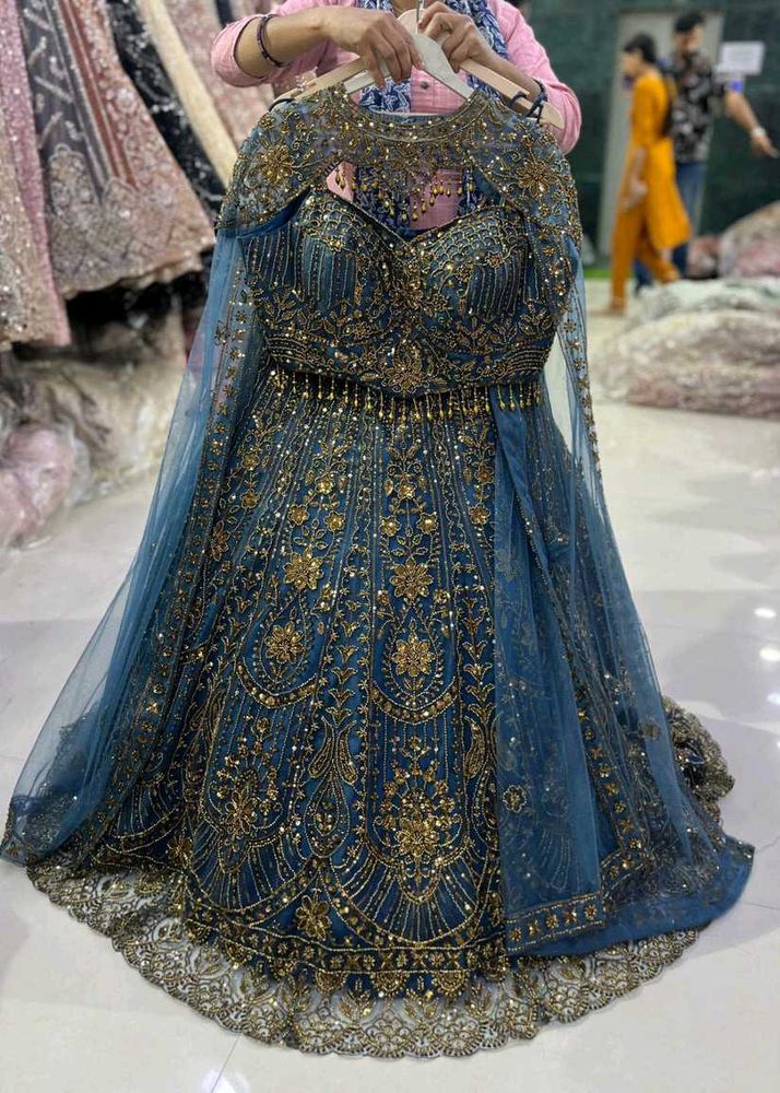 blue golden beads work fish cut crop top lehenga