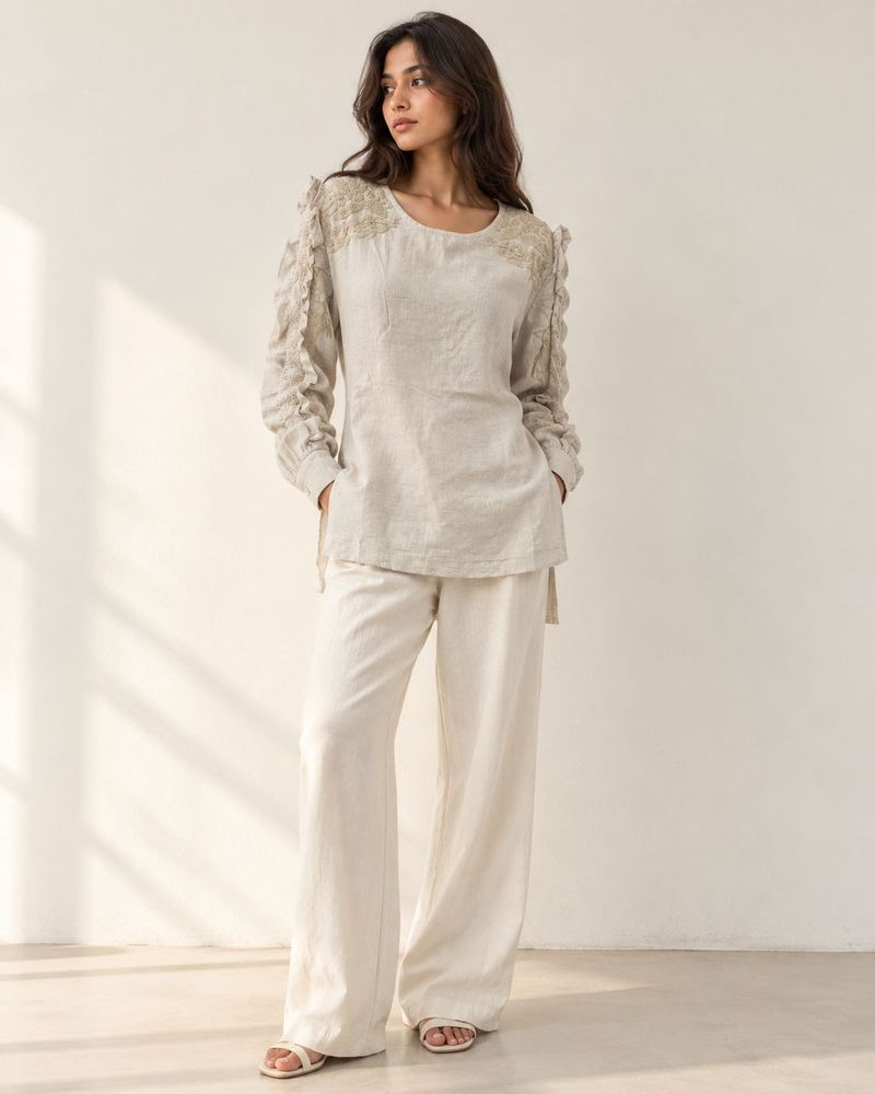 beige long sleeve embroidery top